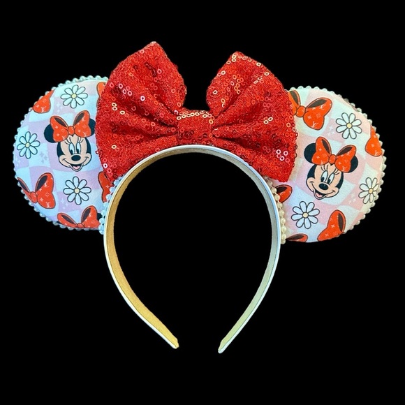 Women’s Handmade Red Sequin Bow Minnie Mouse Ears with LV Dots - NWOT - Picture 1 of 4